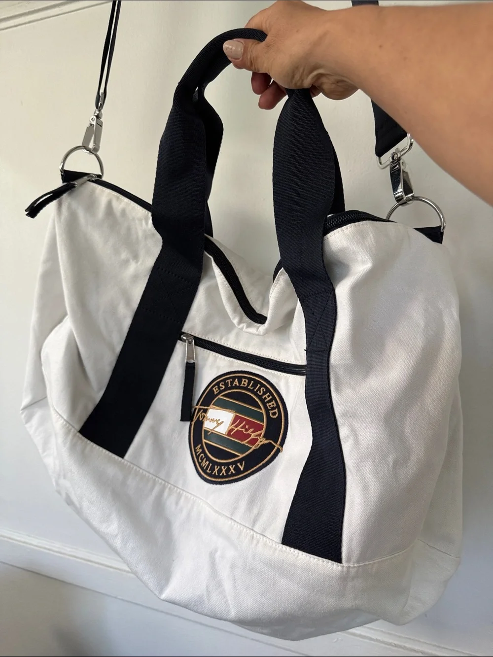 Tommy Hilfiger White Canvas Duffel with Black Straps and Signature Patch
